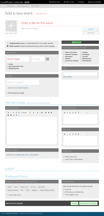 The standard LiveWhale Calendar event creation page.