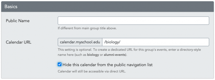 Group calendar exclude from nav UI for excluding a group calendar checkbox